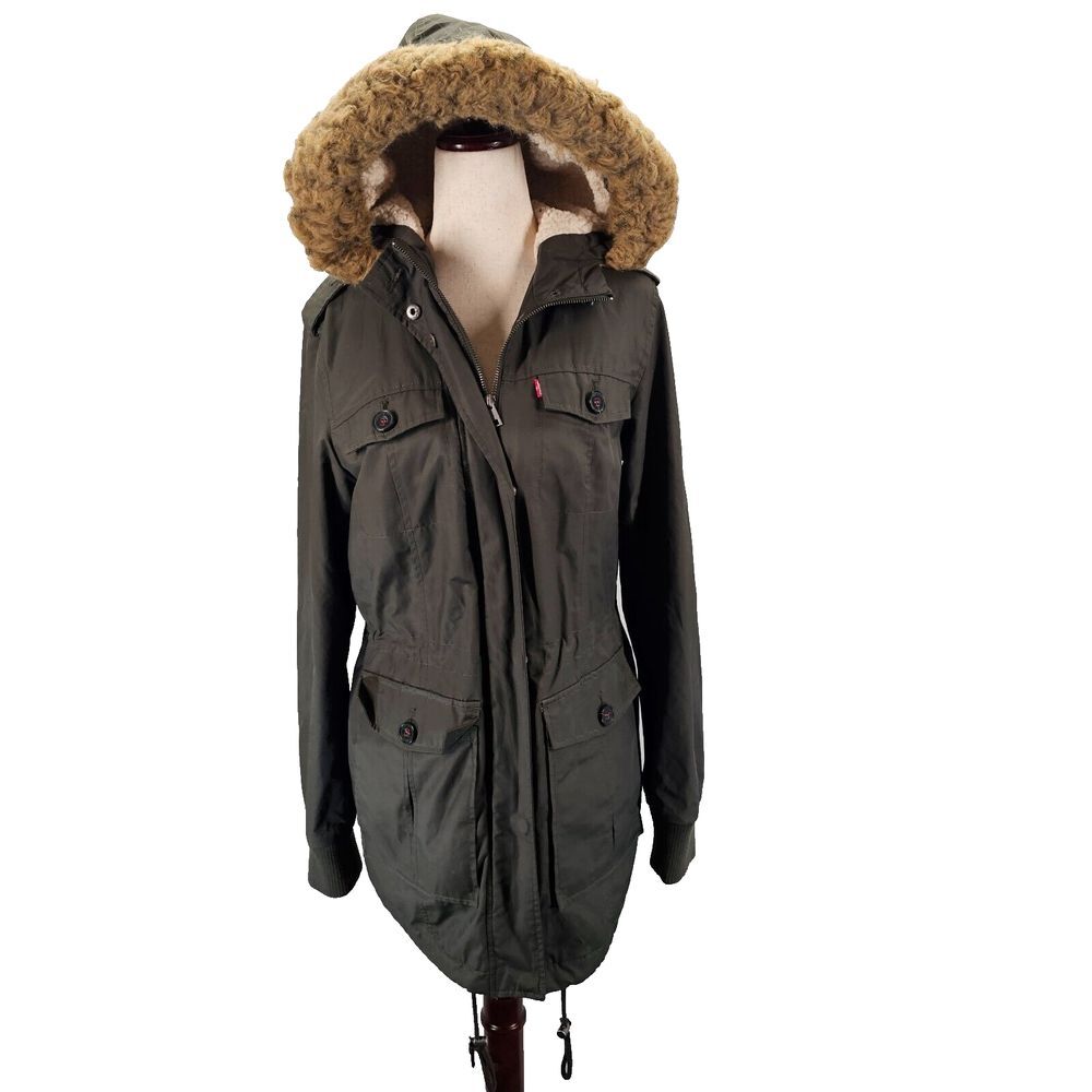 Levi's Womens L Parka Jacket Sherpa Lined Outdoor Winter Zip Up Olive Faux Fur